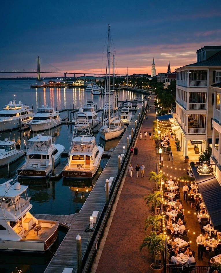 Charleston Harbor waterfront dining district near the marina