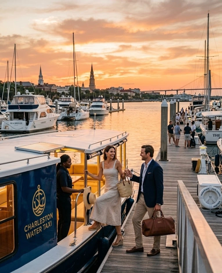 Passengers boarding a Charleston Water Taxi boat at a marina during sunset