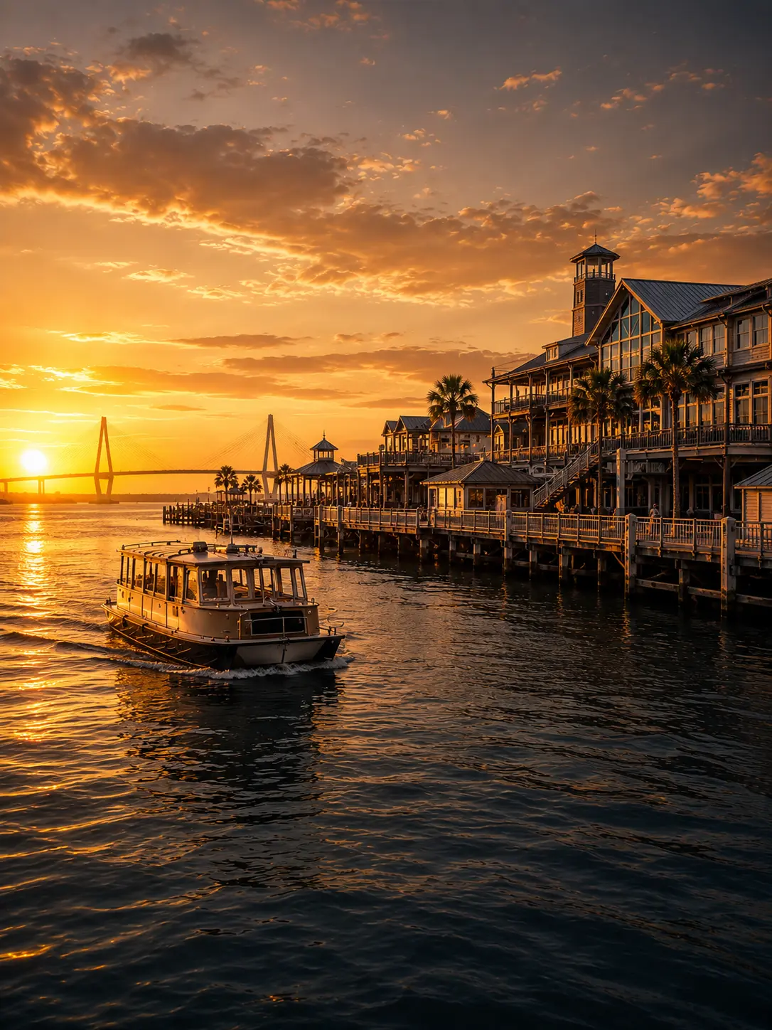 Aquarium Wharf Charleston water taxi stop at sunset