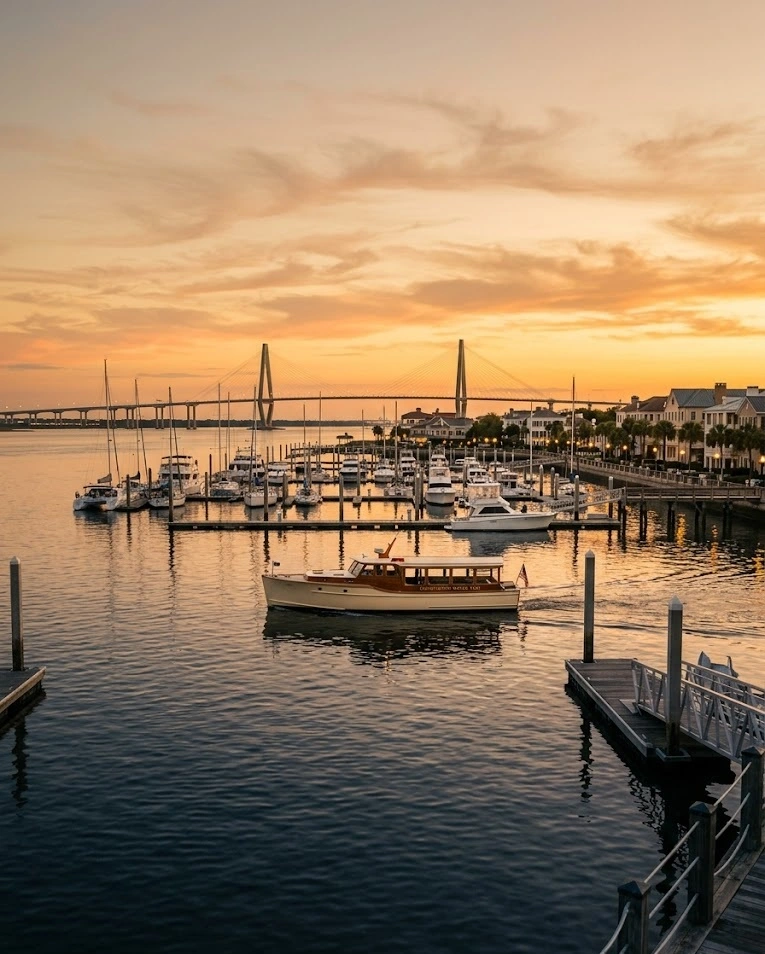 Private luxury water taxi charter at sunset in Charleston Harbor