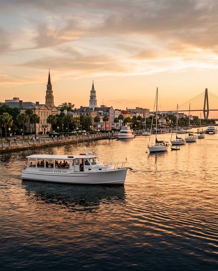 Luxury Charleston water taxi cruising the harbor at sunset