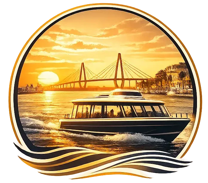 Luxury Charleston Water Taxi logo featuring a modern harbor boat, sunset waves, and Charleston bridge design