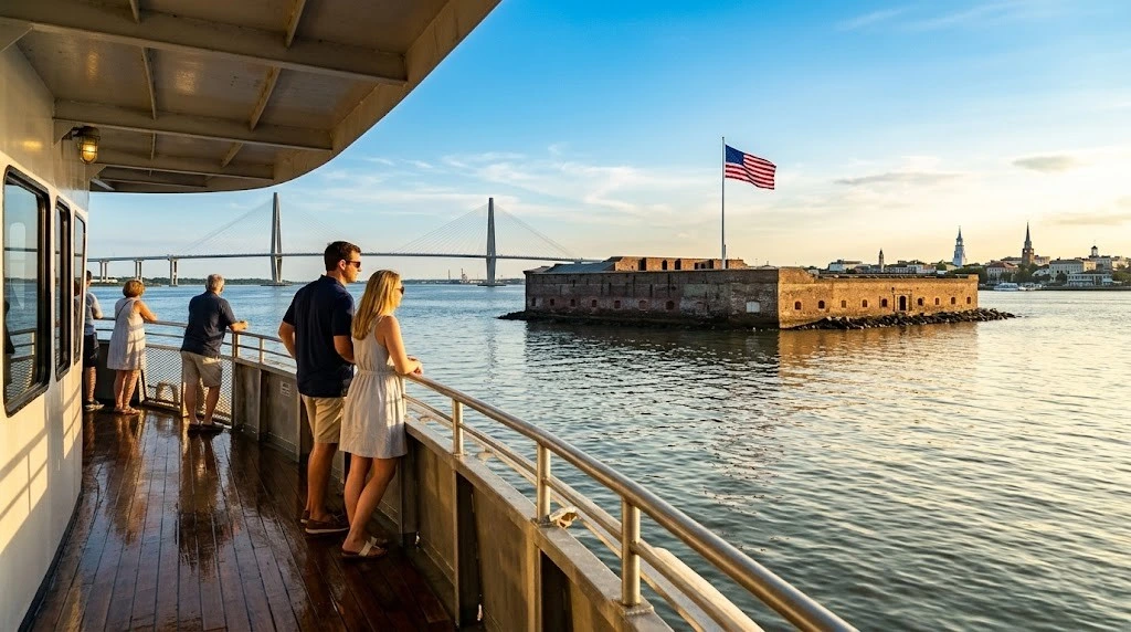 Passengers enjoying Fort Sumter views on a Charleston harbor tour