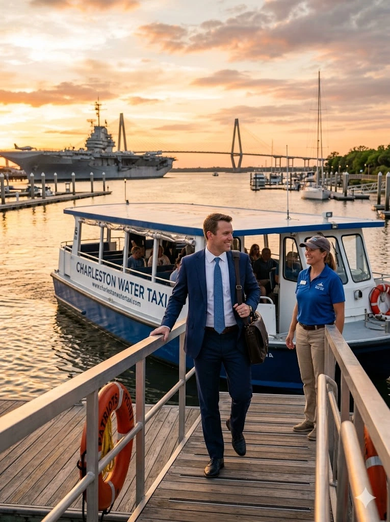 Passengers off-loading from a water taxi in Mount Pleasant, SC