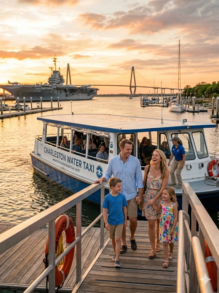 A family stepping off the Charleston Water Taxi at Patriots Point during golden hour