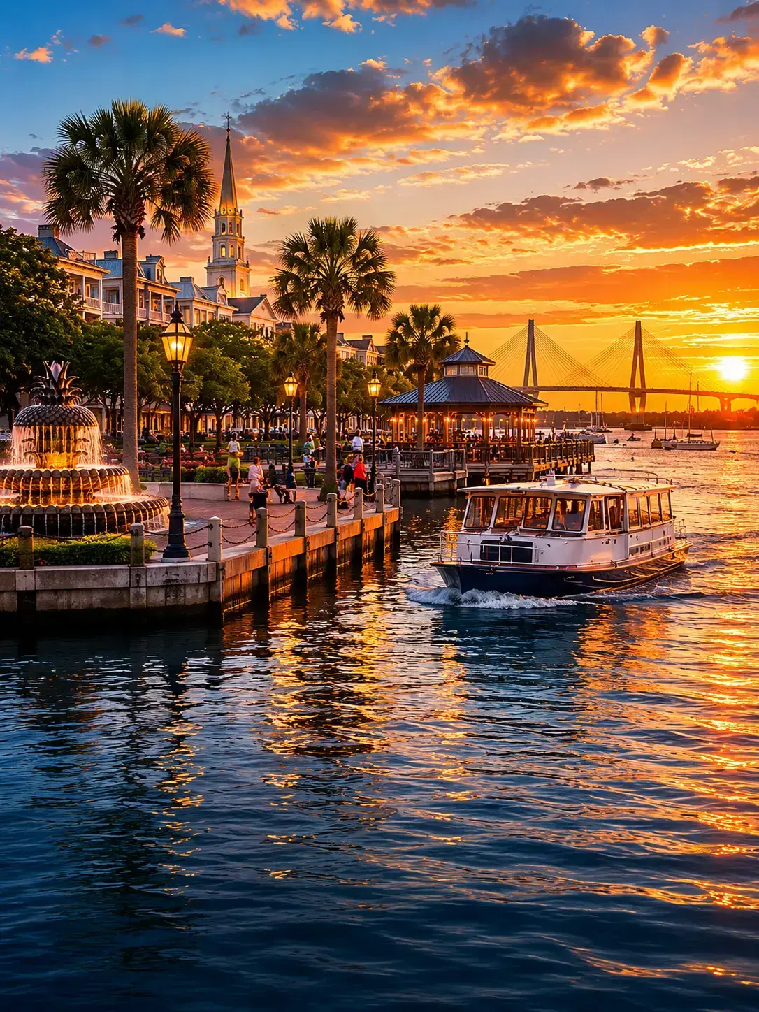 Waterfront Park Charleston water taxi stop at sunset